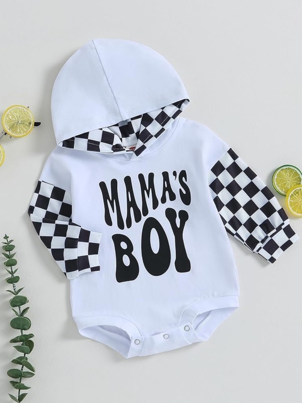 Amazon White & Black "MAMA'S BOY" Checkerboard Hoodie Bodysuit